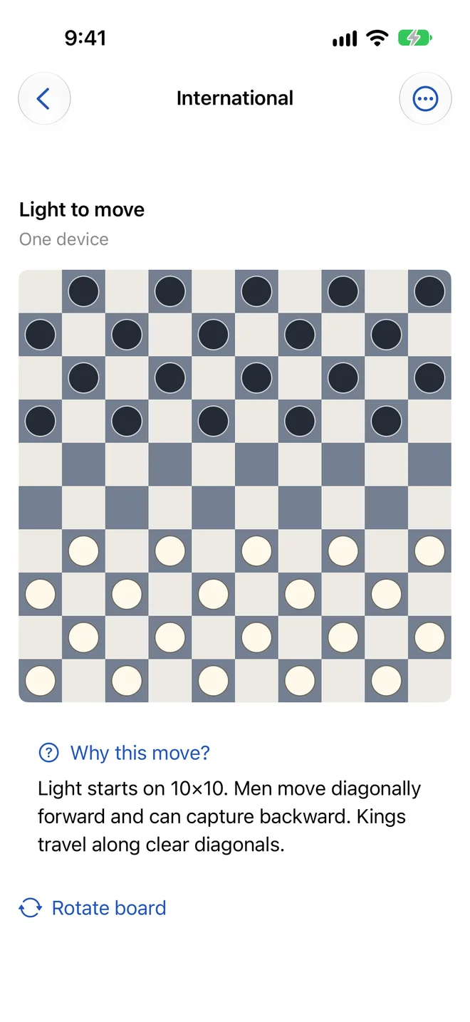 International draughts position on a ten-by-ten board