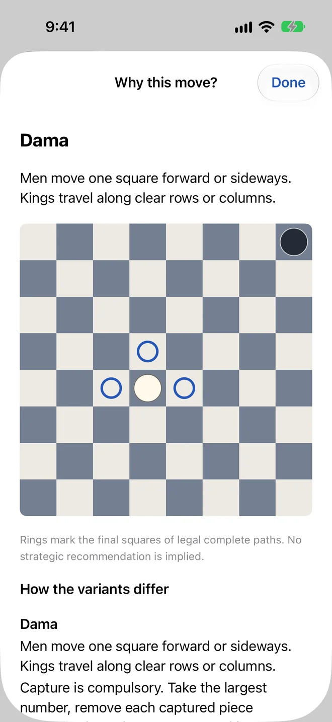 Dama move explanation and marked legal destinations