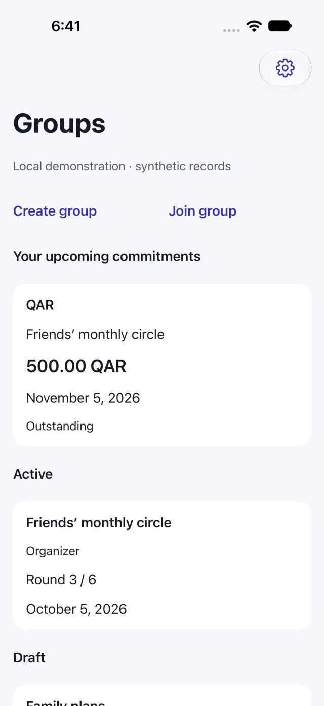 English demo groups list showing a fictional upcoming commitment, an active savings circle and the draft section.