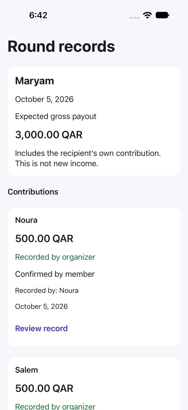 English demo round with fictional contribution amounts, member confirmations and record-review controls.
